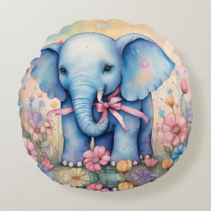 Coussins Ronds Adorable bébé éléphant dans un jardin pastel