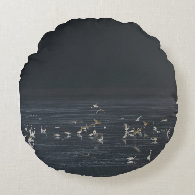 Coussins Ronds Aigrettes Sur L'Océan Bleu De Minuit (Devant)