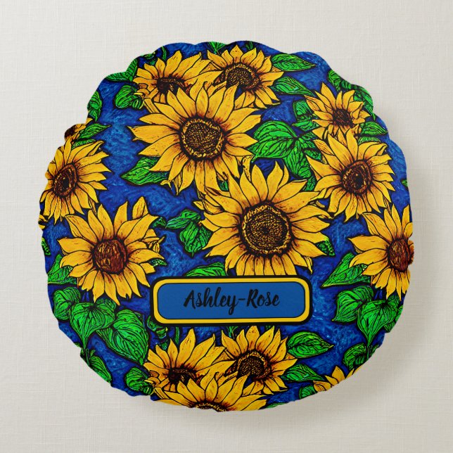 Coussins Ronds Ajouter le nom Golden Sunflowers & Feuilles sur Da (Devant)