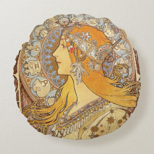 Coussins Ronds Alfonse Mucha Zodiaque Art Nouveau Femme