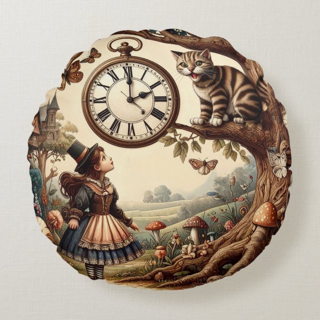 Coussins Ronds Alice & Cheshire Cat: Whimsical Wonderland Fantasy (Devant)