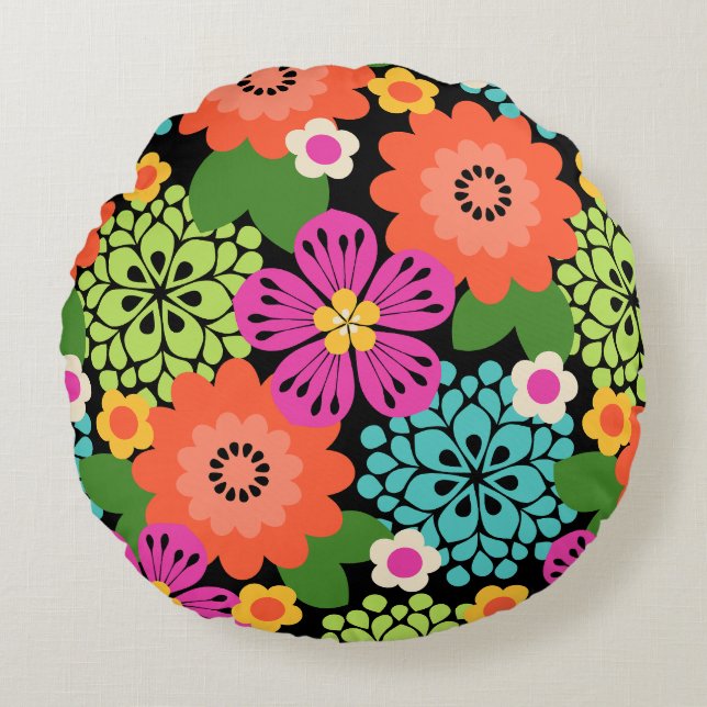 Coussins Ronds Allana Garden Floral Graphique Hawaiien - Noir (Devant)