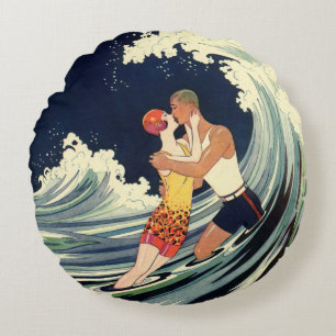 Coussins Ronds Amants Art Déco vintage s'embrassant dans les vagu