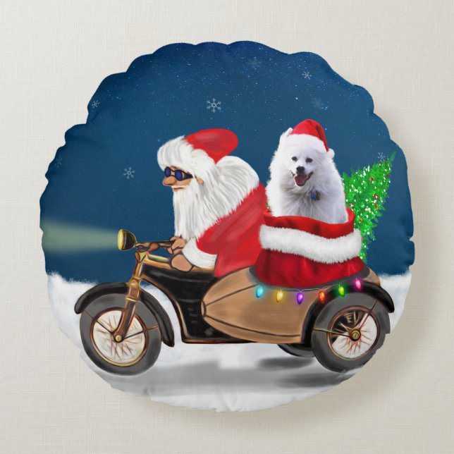 Coussins Ronds American Eskimo Chien Noël Père Noël (Devant)