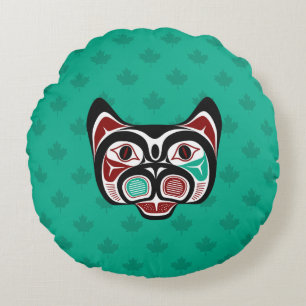 Coussins Ronds Amérindien Rouge Noir Vert Haïda Art Kitty