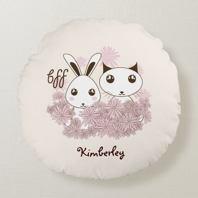Coussins Ronds Amis Animaux Mignons Chatons et Lapins Filles Enfa (Devant)