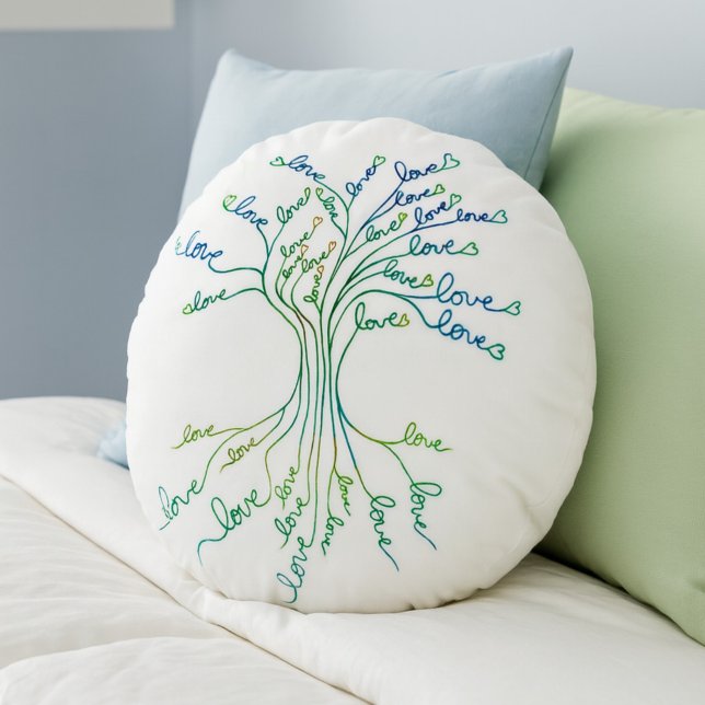 Coussins Ronds Amour Arbre de Vie Art Blanc Turquoise Coeurs Bleu (Créateur téléchargé)