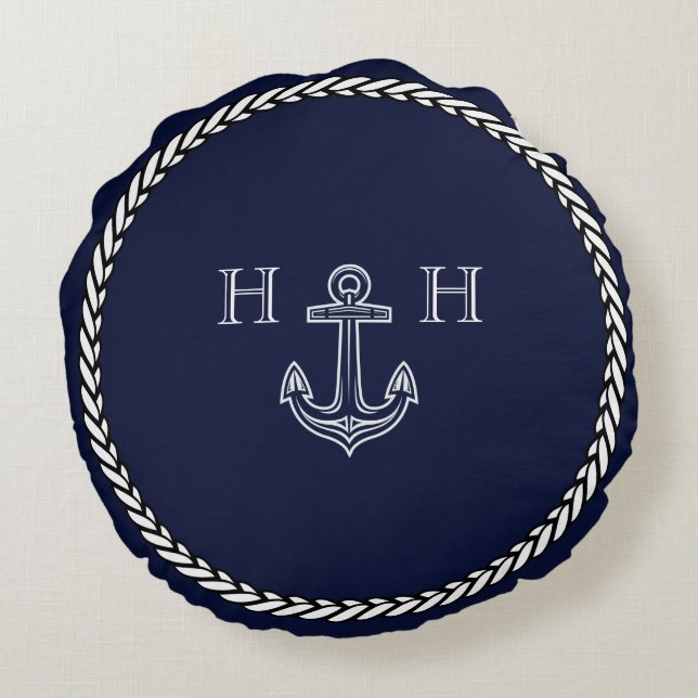 Coussins Ronds Ancre bleue marine Monogramme côtier (Dos)