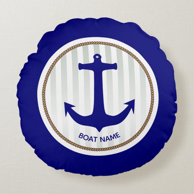 Coussins Ronds Ancre Bleue Marine Nautique avec rayures (Devant)