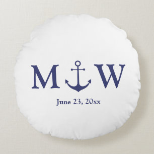 Coussins Ronds Ancre nautique de mariage bleu marine blanc monogr