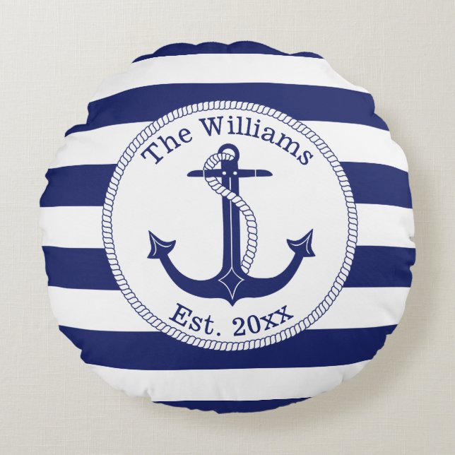 Coussins Ronds Ancre nautique Marine Blue Stripes Nom de famille (Devant)