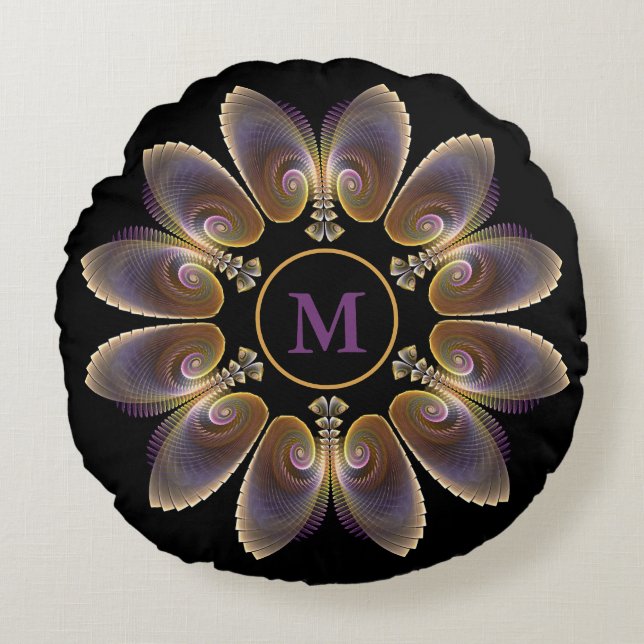 Coussins Ronds Ange Abstraite ailes Mandala Monogramme fractal (Devant)