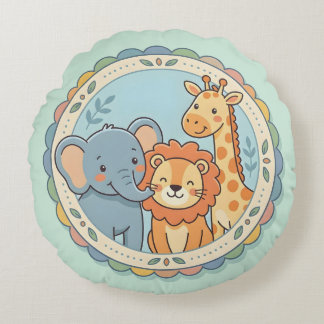 Coussins Ronds Animaux de Safari Pastel Éléphant Lion Girafe