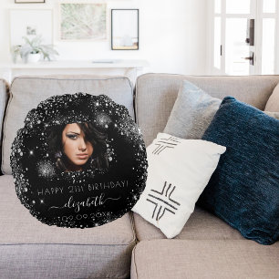 Coussins Ronds Anniversaire noir photo personnalisée argent nom d