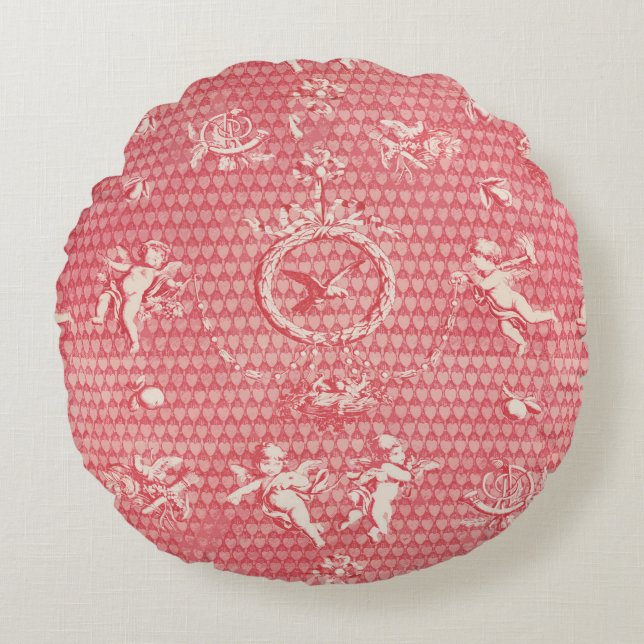 Coussins Ronds Antique rose rouge Anges et Coeurs cupides (Devant)