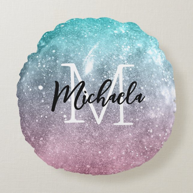 Coussins Ronds Aqua blue Pink ombre mer galaxie abstraite Monogra (Devant)