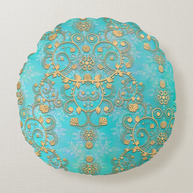 Coussins Ronds Aqua et Yellow Gold Lacy Damask (Devant)