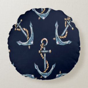 Coussins Ronds Aquarelle Ancres Bleu marine