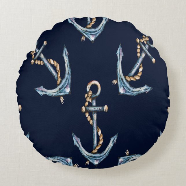 Coussins Ronds Aquarelle Ancres Bleu marine (Devant)