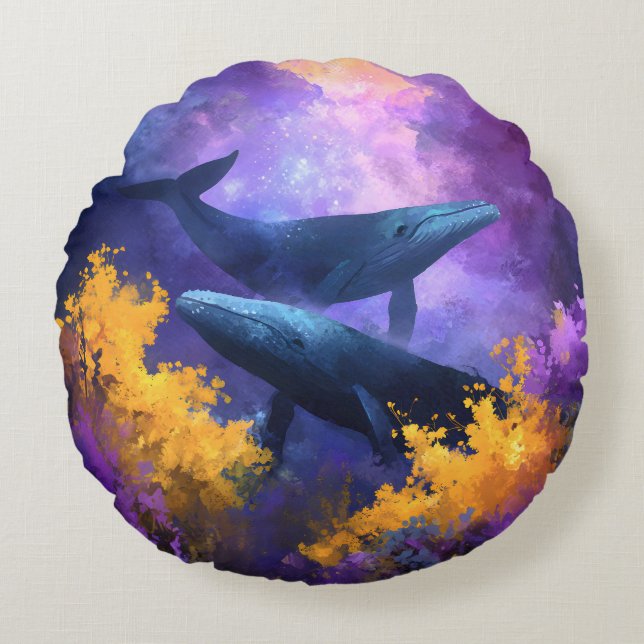 Coussins Ronds Aquarelle Baleines Jardin Océan Abstrait (Devant)