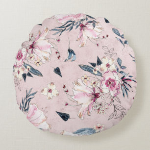 Coussins Ronds Aquarelle bleu marine et bleu clair Fleurs lancer 