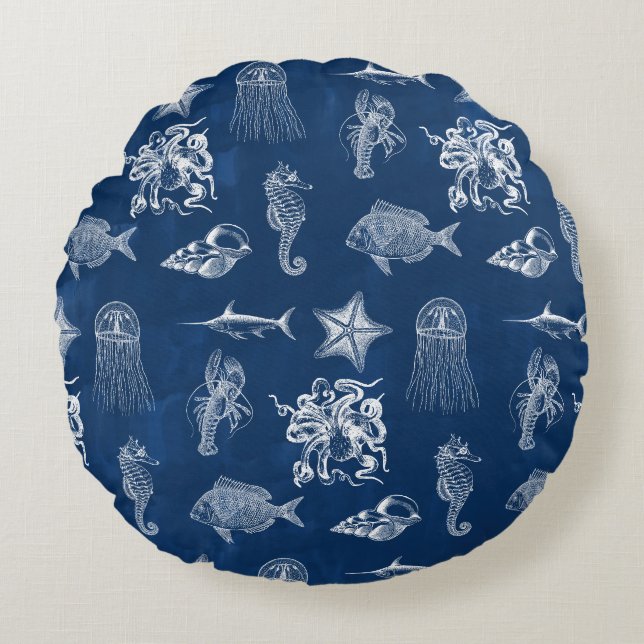 Coussins Ronds Aquarelle bleu marine Océan Animaux marins (Devant)