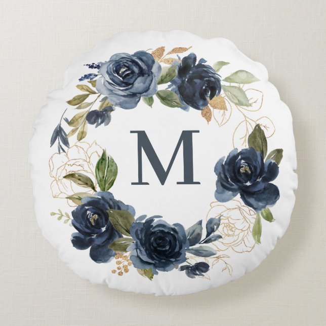 Coussins Ronds Aquarelle bleu marine Roses couronne or monogramme (Devant)