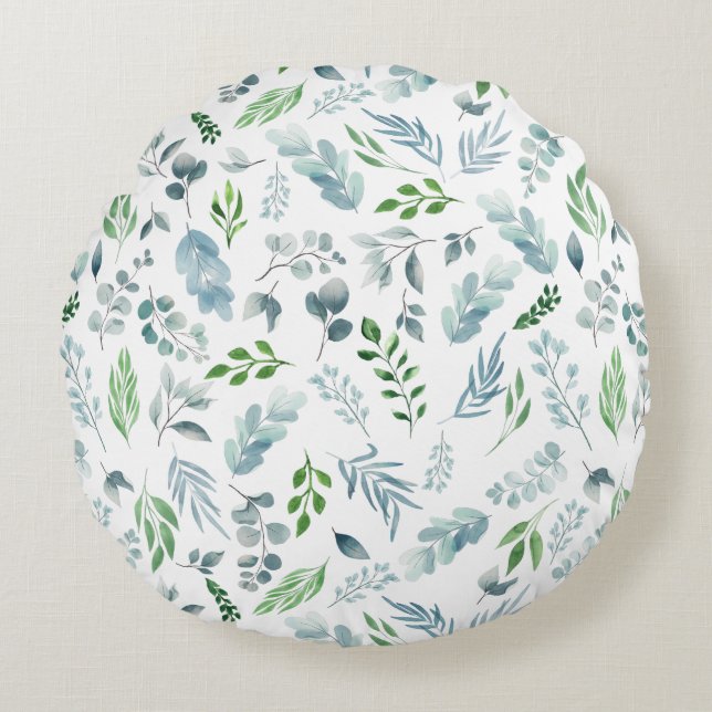 Coussins Ronds Aquarelle Bleu Vert Botanique Eucalyptus Foliage (Devant)