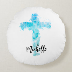 Coussins Ronds Aquarelle bleue Croix chrétienne Baptême