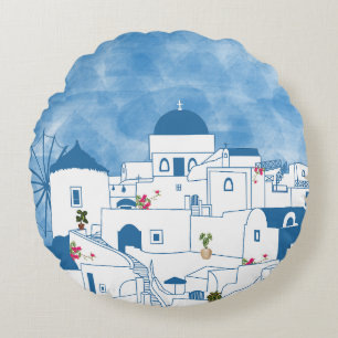 Coussins Ronds Aquarelle bleue et blanche Santorin Grèce