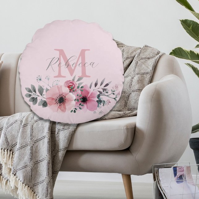 Coussins Ronds Aquarelle botanique chic rose pâle (Botanical chic blush pink watercolor floral round pillow)