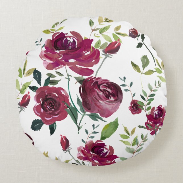 Coussins Ronds Aquarelle Bourgogne | Modèle floral (Devant)