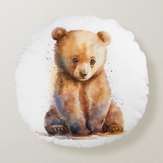 Coussins Ronds Aquarelle Brown ours bébé, assise Cute ours bébé (Devant)