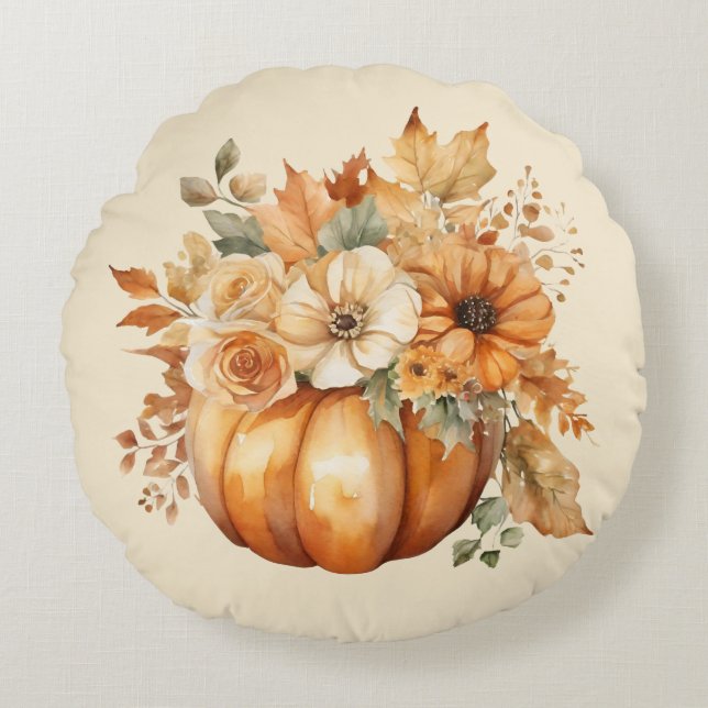 Coussins Ronds Aquarelle Citrouille et design floral (Devant)
