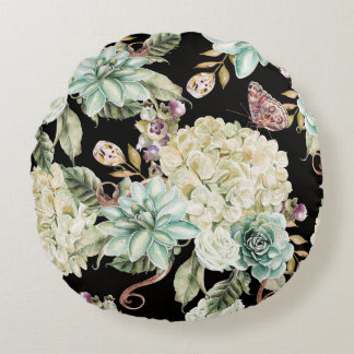 Coussins Ronds Aquarelle claire : Motif Rose Hydrangea.