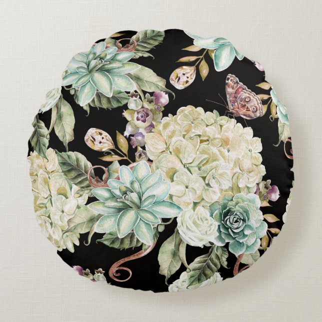 Coussins Ronds Aquarelle claire : Motif Rose Hydrangea. (Devant)