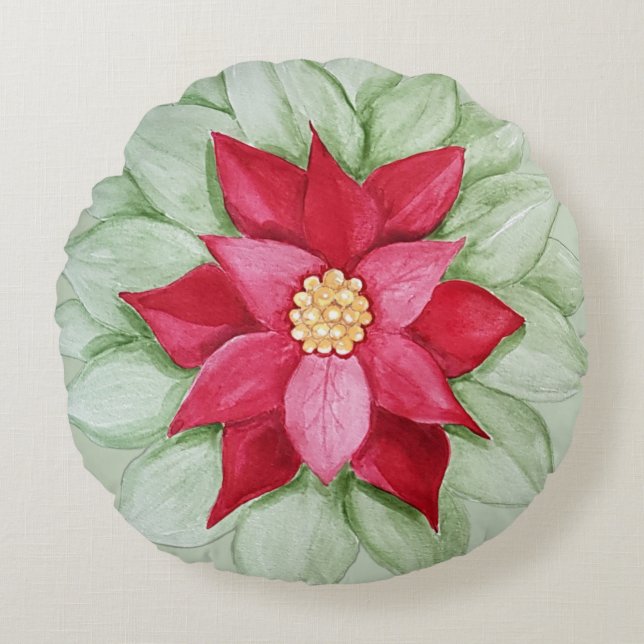 Coussins Ronds Aquarelle de Noël Poinsettia Peinte à la main (Devant)