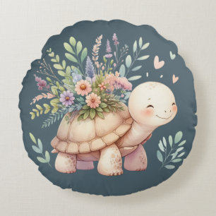 Coussins Ronds Aquarelle de tortue de jardin de campagne