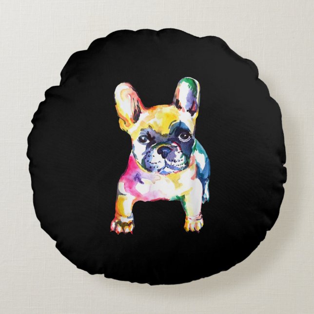 Coussins Ronds Aquarelle d'origine main Français Bulldog Cadeau (Devant)