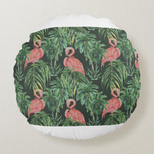 Coussins Ronds Aquarelle flamants roses, oiseaux exotiques, tropi