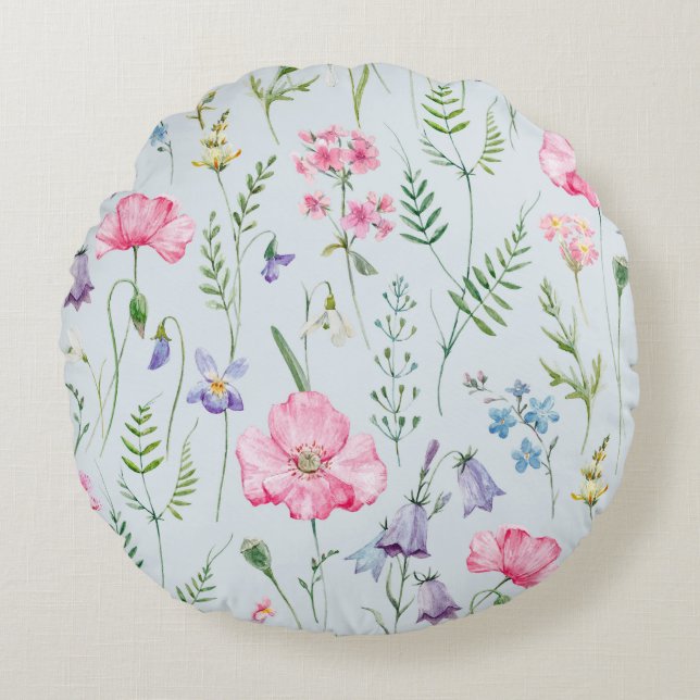 Coussins Ronds Aquarelle Fleurs délicates Foliage Motif bleu (Devant)