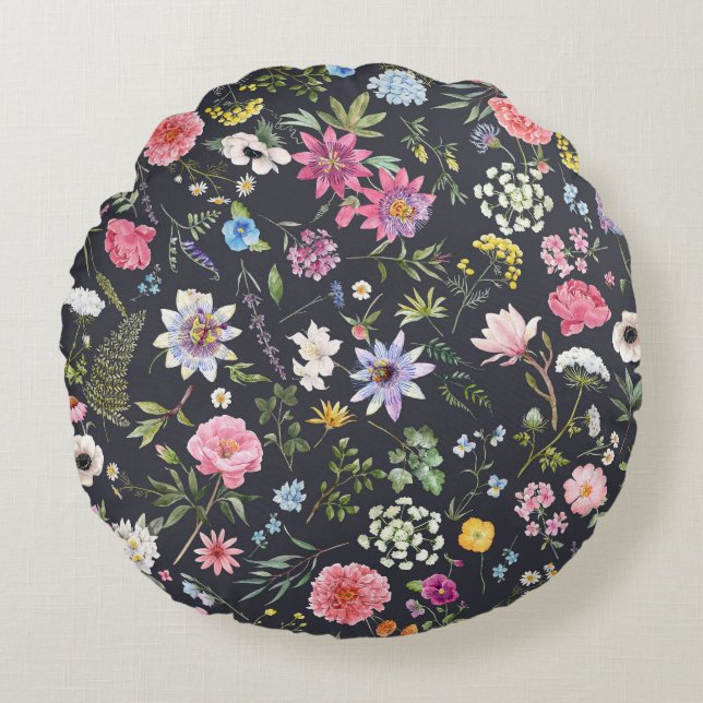 Coussins Ronds Aquarelle Florale : Motif d'été doux. (Devant)