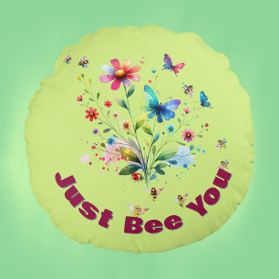 Coussins Ronds Aquarelle florale simple Monogramme Abeille sur ve