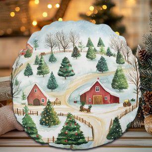Coussins Ronds Aquarelle Hiver Paysage rustique avec Fir Trees