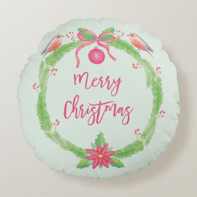 Coussins Ronds Aquarelle Holly Wreath Joyeux Noël (Devant)