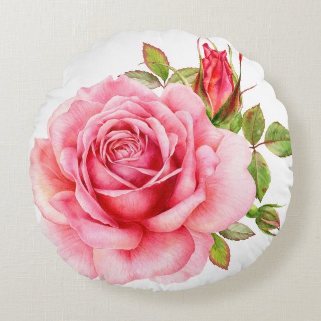 Coussins Ronds Aquarelle illustration d'une rose rose wi délicate (Devant)