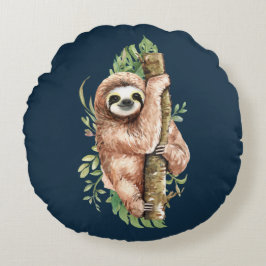 Coussins Ronds Aquarelle mignonne Sloth & Feuilles tropicaux
