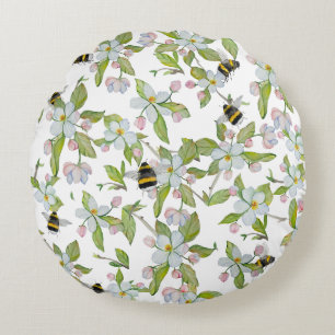 Coussins Ronds Aquarelle motif jardin fleurit et bourdons