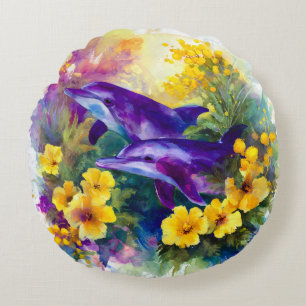 Coussins Ronds Aquarelle Océan Dauphins Fleurs Tropicales