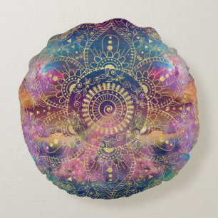 Coussins Ronds Aquarelle or et nébuleuse mandala